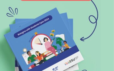 Publication is out! Bologna with Student Eyes 2024. Depicted is the cover of the print version which has a blue backgorund, some books, a centered clock and some students sitting around and on top of the books.