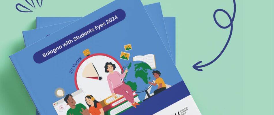 Publication is out! Bologna with Student Eyes 2024. Depicted is the cover of the print version which has a blue backgorund, some books, a centered clock and some students sitting around and on top of the books.