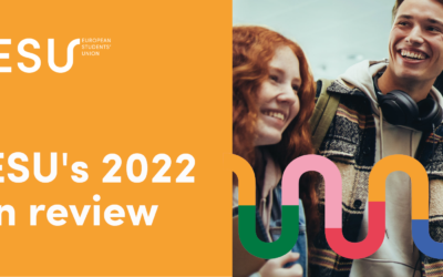 The picture displays the publications title "ESU's 2022 in review" next to a picture of two happily laughing students.